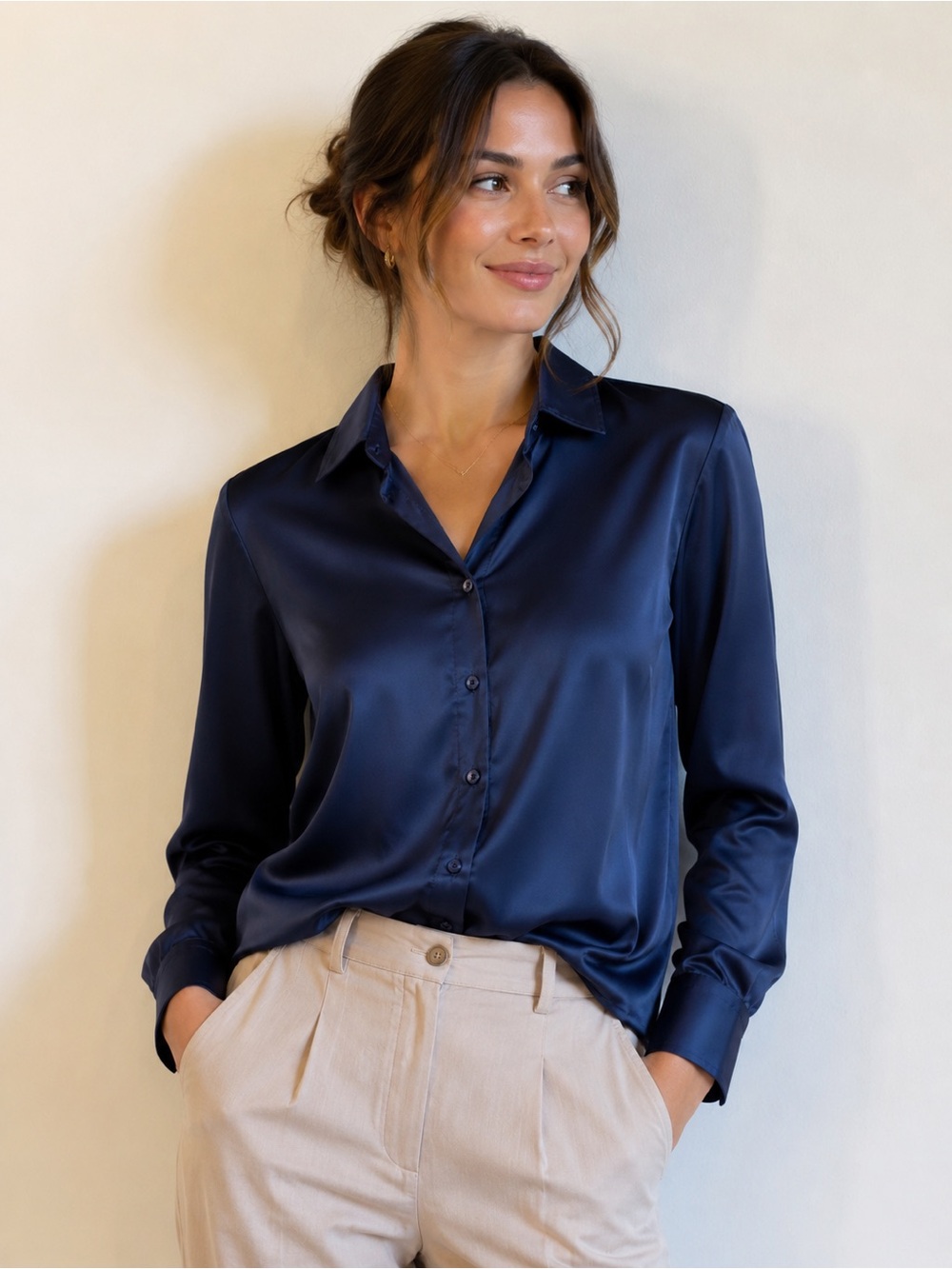 Banana Republic Navy Satin Button-Down Shirt